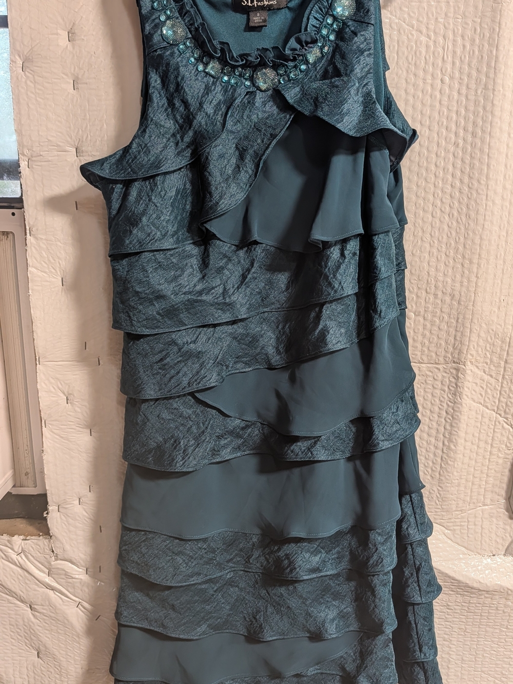S.L. Fashions Teal Layered Ruffle Dress with Beaded Neckline